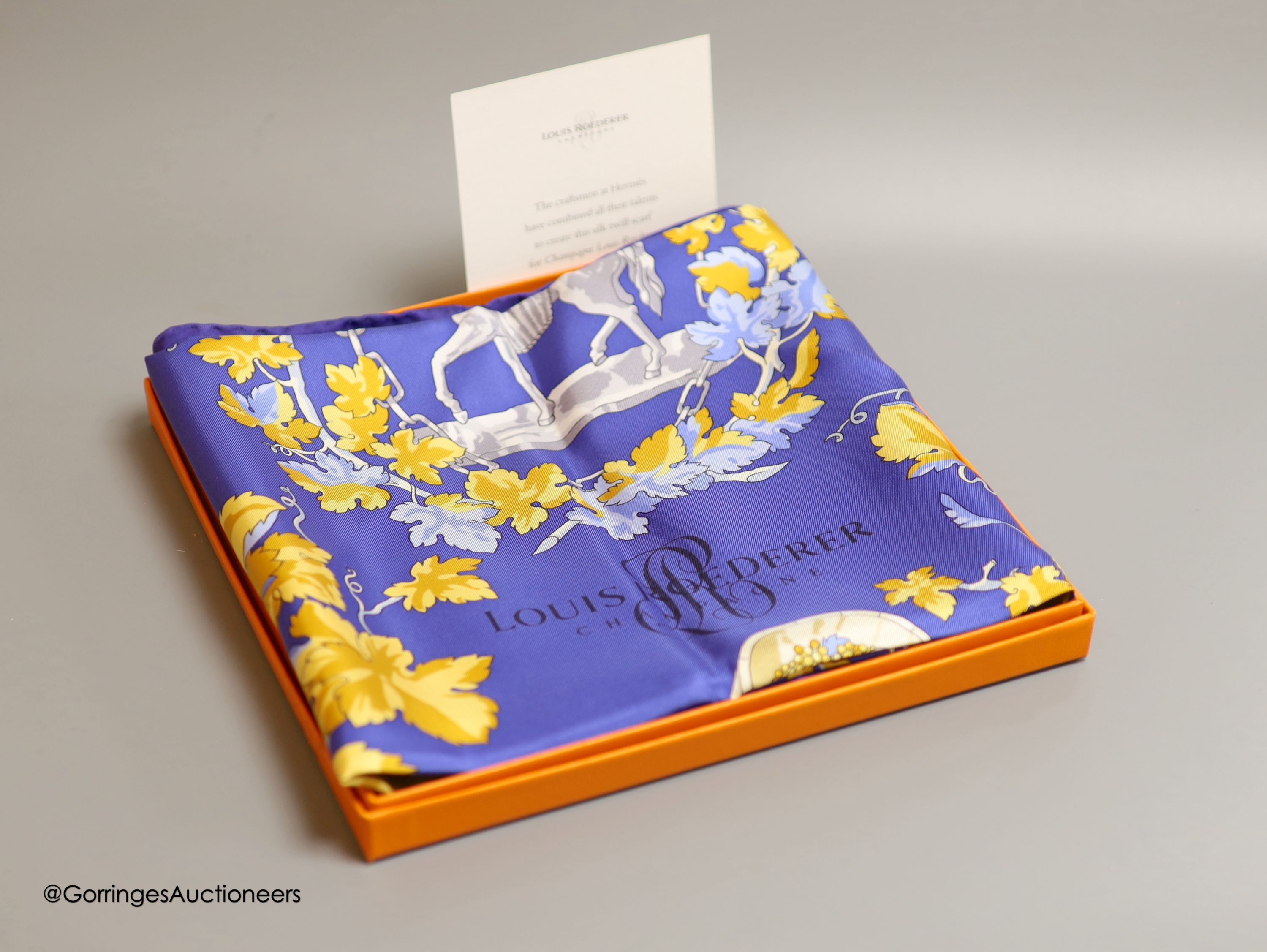 A rare Hermes Louis Roederer Champagne silk twill scarf, boxed